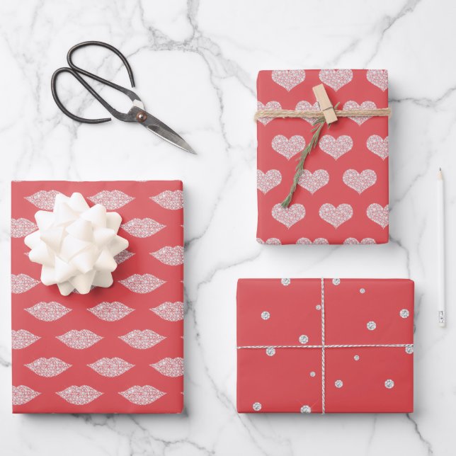 Valentine Red Glam Diamonds Lips Hearts Wrapping Paper Sheets (Front)