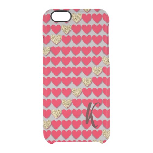 Valentine red gold sparkly hearts monogram design clear iPhone 66S case