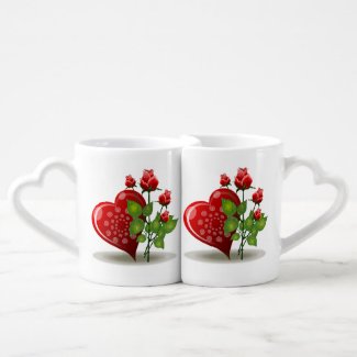 VALENTINE RED  HEART AND RED ROSES COFFEE MUG SET