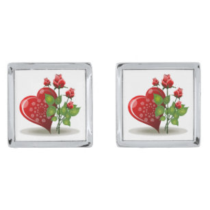 VALENTINE RED  HEART AND RED ROSES CUFFLINKS