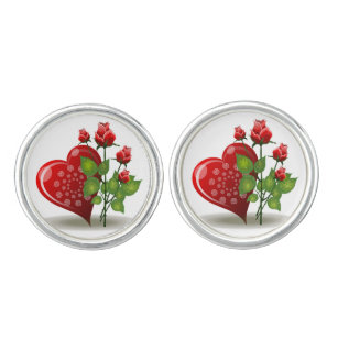 VALENTINE RED  HEART AND RED ROSES CUFFLINKS