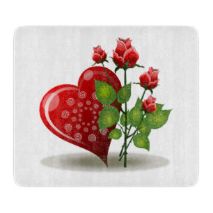 VALENTINE RED HEART AND RED ROSES CUTTING BOARD
