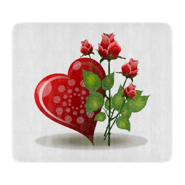 VALENTINE RED  HEART AND RED ROSES CUTTING BOARD (Front)