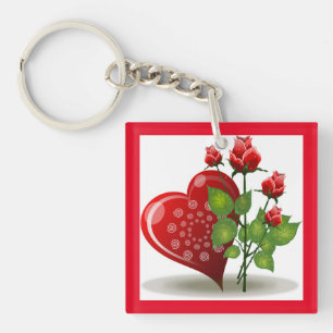 VALENTINE RED HEART AND RED ROSES KEYCHAIN