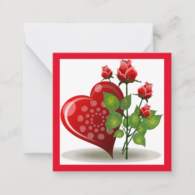 VALENTINE RED  HEART AND RED ROSES NOTE CARD (Front)