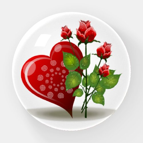 VALENTINE RED  HEART AND RED ROSES PAPERWEIGHT