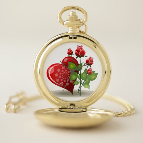 VALENTINE RED  HEART AND RED ROSES POCKET WATCH
