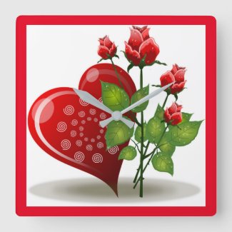 VALENTINE RED HEART AND RED ROSES SQUARE WALL CLO SQUARE WALL CLOCK