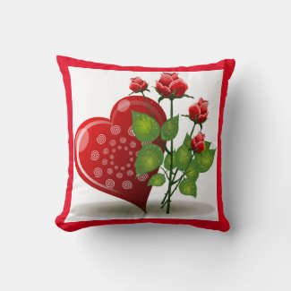 VALENTINE RED  HEART AND RED ROSES THROW PILLOW