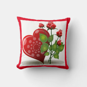 VALENTINE RED  HEART AND RED ROSES THROW PILLOW