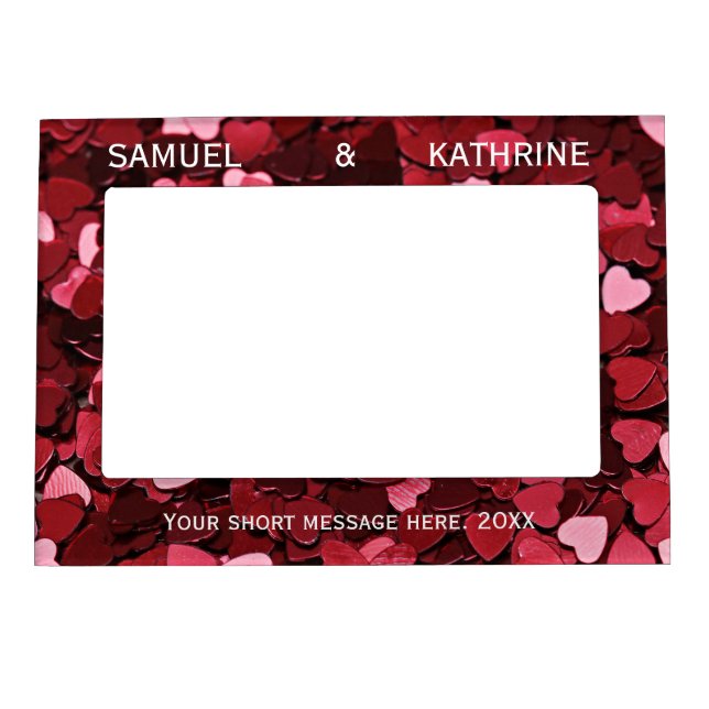 Valentine Red Heart Confetti Custom Name & Year Magnetic Frame (Front)