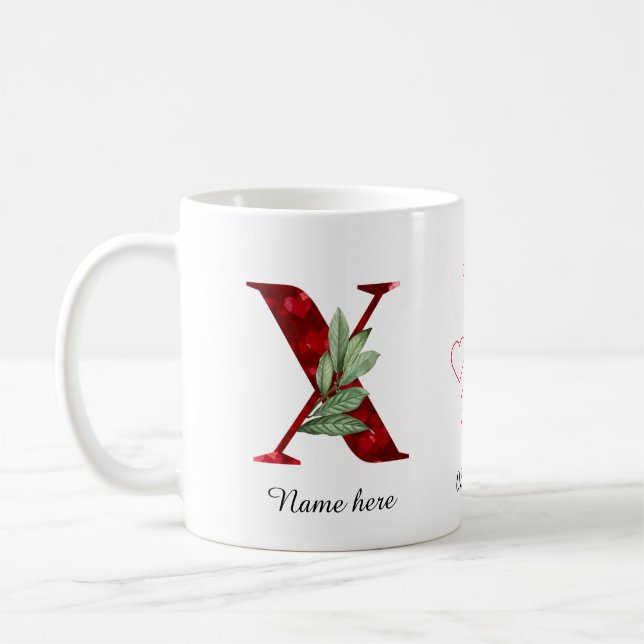 Valentine Red Heart Floral Letter X Initial Mug (Left)