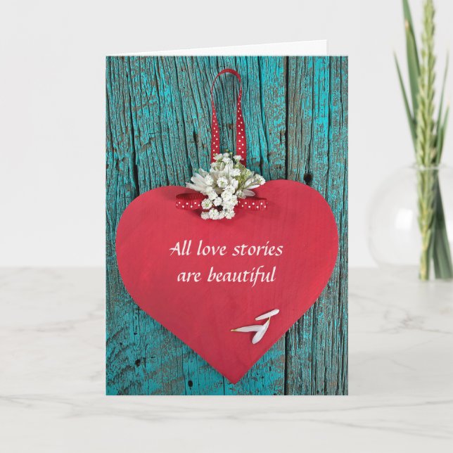 Valentine red heart on rustic wood holiday card (Front)