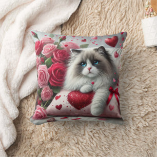 Valentine Red Hearts and Roses Cat Throw Pillow