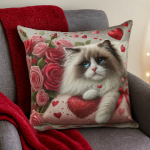 Valentine Red Hearts and Roses Cat  Throw Pillow