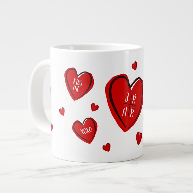Valentine Red Hearts Cute Customize Couple's White Giant Coffee Mug (Front Left)