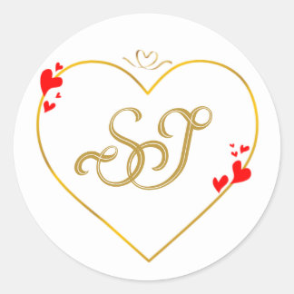 Valentine Red Hearts Gold Monogram Wedding Envelop Classic Round Sticker