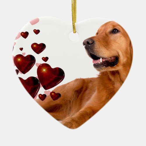 Valentine Red Hearts Golden Retriever Dog Ceramic Ornament