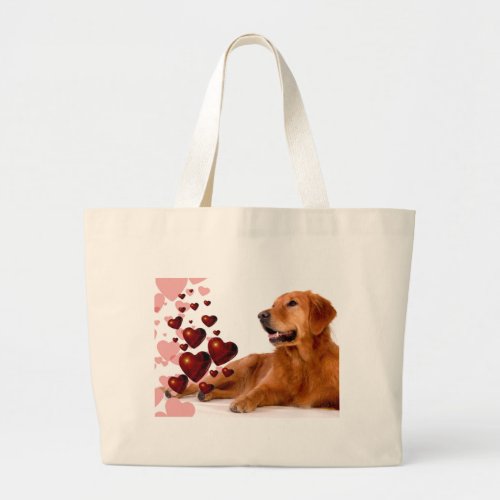 Valentine Red Hearts Golden Retriever Dog Large Tote Bag