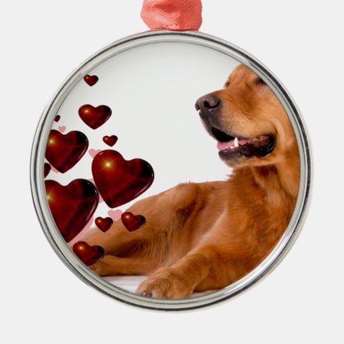 Valentine Red Hearts Golden Retriever Dog Metal Ornament
