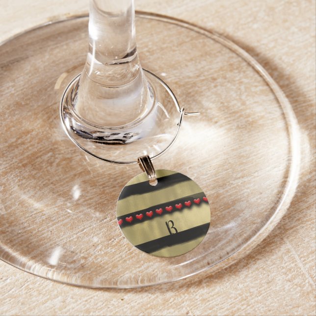 Valentine Red Hearts Modern Black Gold Paint Wine Glass Charm (In Situ)