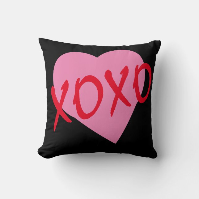 Valentine Red Hugs Kisses XOXO Pink Heart Fun Throw Pillow (Front)