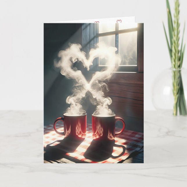 Valentine Red Mugs With Steamy Heart Holiday Card (Front)