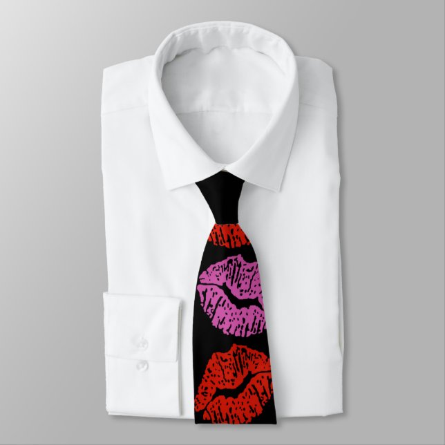 Valentine Red Pink Lipstick Kisses Neck Tie (Tied)