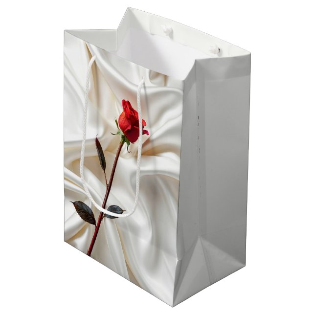Valentine Red Rose On White Satin Medium Gift Bag (Front Angled)