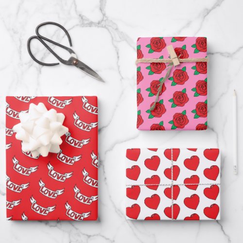 Valentine Red Roses Love and Hearts Wrapping Paper Sheets
