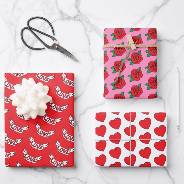 Valentine Red Roses Love and Hearts Wrapping Paper Sheets (Front)