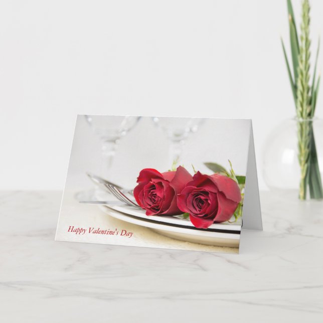 Valentine Red Roses on plate Holiday Card (Front)