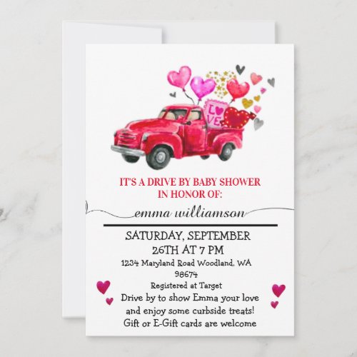 Valentine Red  Truck  Drive By Baby Shower  Invitation