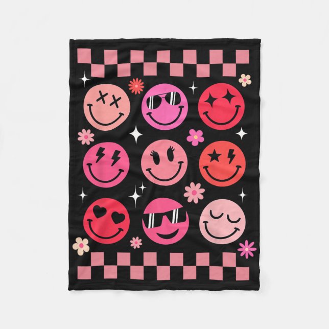 Valentine Retro Groovy Pink Happy Face  Fleece Blanket (Front)