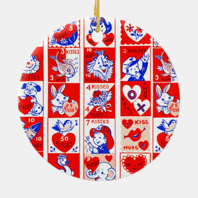 Valentine Retro Love Hugs Cute Pattern Ceramic Ornament (Back)