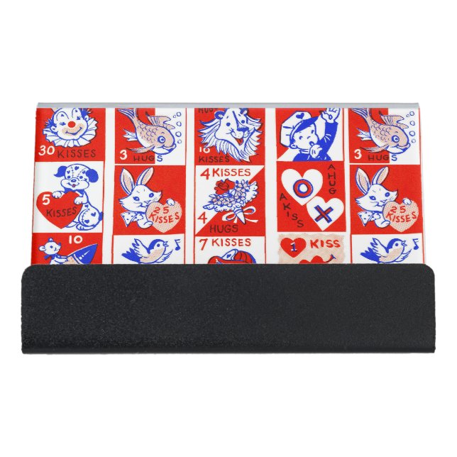 Valentine Retro Love Hugs Cute Pattern Desk Business Card Holder (Front)