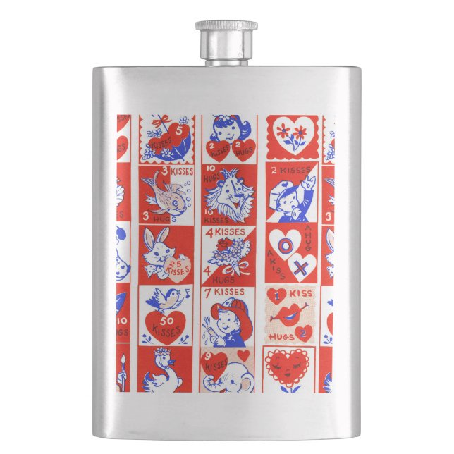Valentine Retro Love Hugs Cute Pattern Flask (Front)