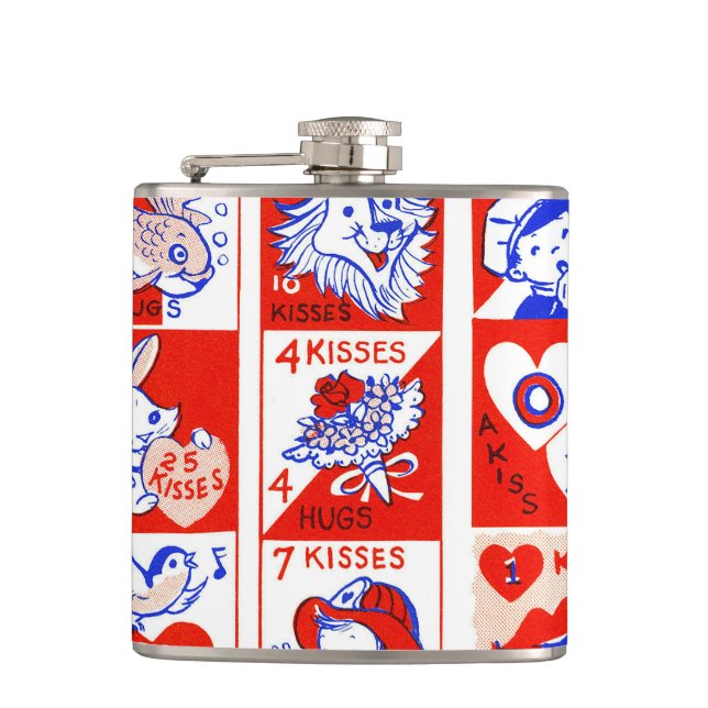 Valentine Retro Love Hugs Cute Pattern Flask (Front)