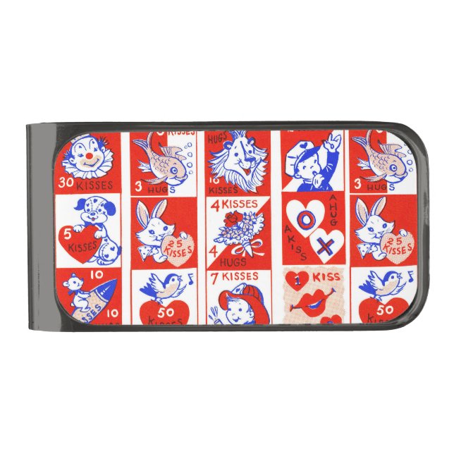 Valentine Retro Love Hugs Cute Pattern Gunmetal Finish Money Clip (Front)
