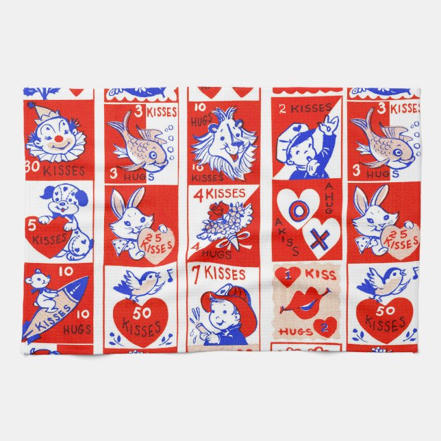 Valentine Retro Love Hugs Cute Pattern Kitchen Towel (Horizontal)