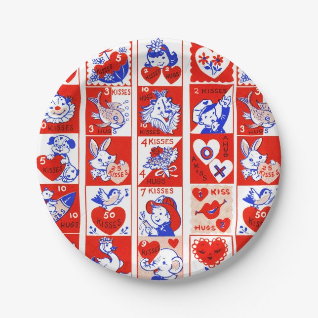 Valentine Retro Love Hugs Cute Pattern Paper Plates (Front)