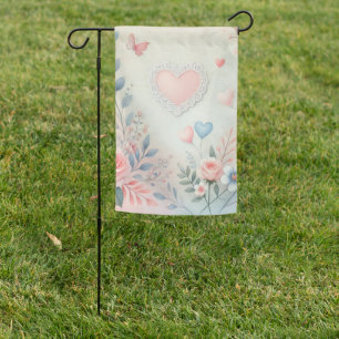Valentine romantic heart floral pastel watercolor  garden flag