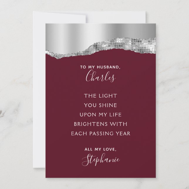 Valentine Romantic Poem Burgundy Silver Metallic Holiday Card (Front)