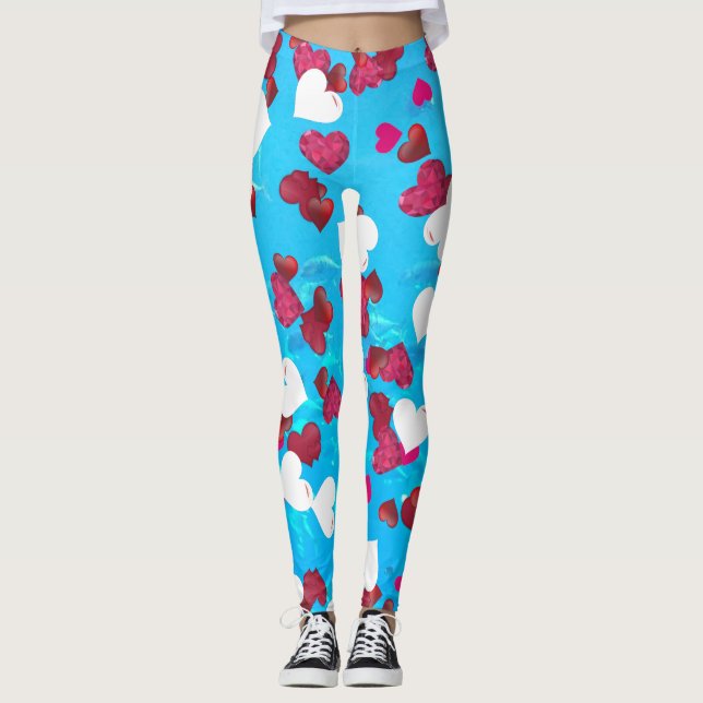 Valentine Romantic Sweeping Hearts Aqua Blue Ocean Leggings (Front)