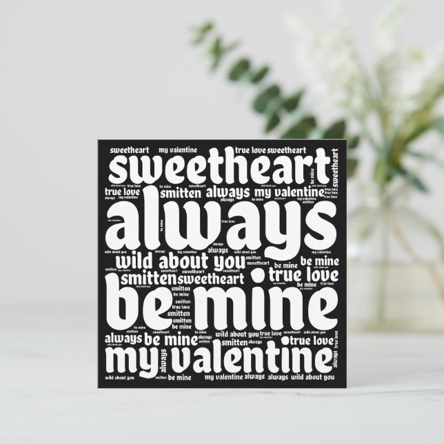 Valentine Romantic WordArt White Text Black Holiday Card (Standing Front)