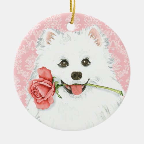 Valentine Rose American Eskimo Dog Ceramic Ornament