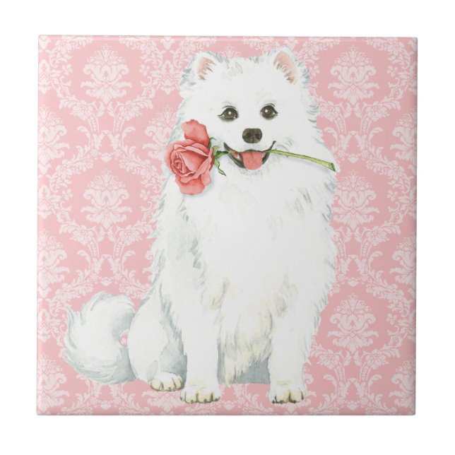 Valentine Rose American Eskimo Dog Ceramic Tile (Front)