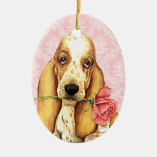 Valentine Rose Basset Ceramic Ornament