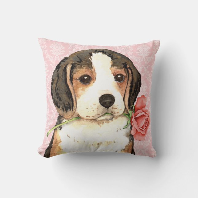 Valentine Rose Beagle Throw Pillow (Front)