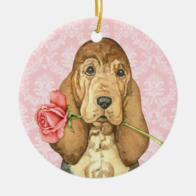 Valentine Rose Bloodhound Ceramic Ornament (Front)